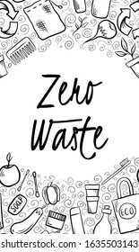 Vertical card with hand drawn Zero Waste objects, curl pattern and lettering. Eco bag, plant, glass bottle. Vector template for banner, invitation, card and your design.