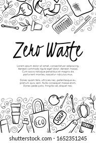 Vertical card with hand drawn Zero Waste objects, curl pattern, lettering and place for text. Eco bag, plant, glass bottle. Vector template for banner, invitation, card and your design.