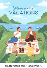 Vertical card with happy family at picnic outdoors. Parents and children eating food in nature on summer vacations. Mother, father and kids resting together outside. Colored flat vector illustration