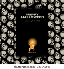 Vertical card with an image of a single burning candle and textures of skulls of man. Space for sample text. A fun Halloween. Vector.
