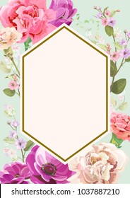 Vertical card for Mother's Day with carnation, poppy, spring blossom: red, pink, white flowers, leaves, vintage background, botanical illustration, watercolor style, polygon frame, copy space, vector