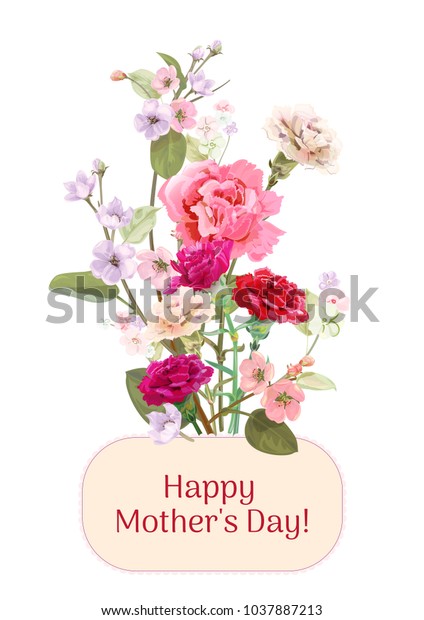 母の日とカーネーション 春の花の縦書きカード 赤 ピンク 白い花 葉 白い背景 植物イラスト 水彩画 丸い枠 コピースペース ビンテージ ベクター画像 のベクター画像素材 ロイヤリティフリー