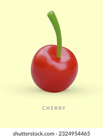 Vertikale Karte mit einer Kirsche. Reife rote Beeren. Lernposter mit Text. Kennzeichnung von Gütern, Kategorien, Geschirr. Vektordesign auf gelbem Hintergrund