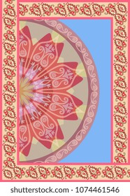 Vertical card with paisley frame and half of mandala on sky blue background in vector. Towel. Ethnic motives.