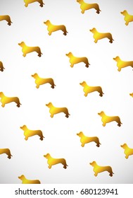 Vertical card. Pattern with cute cartoon gold dog silhouettes. Breed dachshund. Vector illustration. Good for greeting cards, surface design, wrapping paper, handmade, decoupage, wallpapers, textile