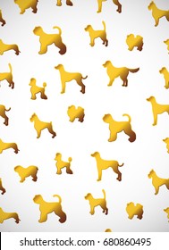 Vertical card. Pattern with cute cartoon gold dog silhouettes. Different breeds. Vector illustration. Good for greeting cards, surface design, wrapping paper, handmade,  wallpapers, textile.  