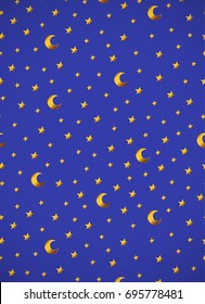 Vertical card. pattern with gold cartoon stars and moons. Good for surface design, textile, fabric, wallpaper, wrapping paper, decoupage, scrapbooking, handmade. Vector.