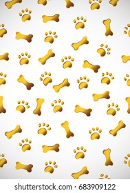 Vertical card. Pattern with gold paws and bones. Good for textile, fabric, zoo shops advertising, wrapping paper