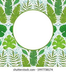 Vertical card with pattern with monstera, banana and liana leaves and copy space on white background. Tropical greeting card. Banner with jungle foliage. Vector template with rainforest