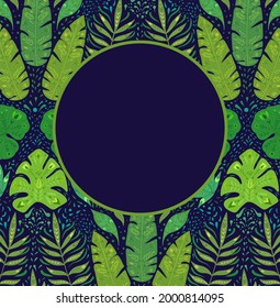 Tarjeta vertical con patrón con hojas de monstera, banana y liana y copia espacio en un fondo azul. Tarjeta de felicitación tropical. Cartel con follaje de la jungla. Plantilla de vector con selva tropical