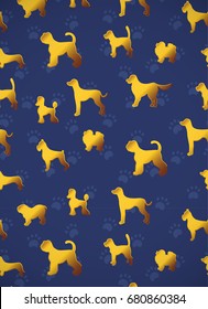 Vertical card. Pattern with yellow gold dogs on dark blue background with paws. Different breeds. Good for greeting cards, wrapping papers, textile, fabric, invitations. 
