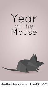 Vertical card with polygonal mouse. 3d paper origami rat. New Year symbol. Congratulatory banner. Vector element for greeting cards, banners and your design.