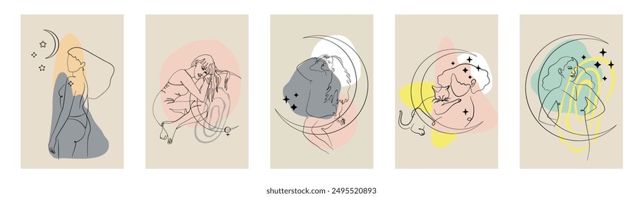 Vertical card or posters set with one single line drawing of female face and abstract shapes. Monochrome celestial minimalist portrait compositions bundle. Modern sketch of woman figure and moon