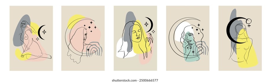 Vertical card or posters set with one single line drawing of female face and abstract shapes. Monochrome celestial minimalist portrait compositions bundle. Modern sketch of woman figure and moon