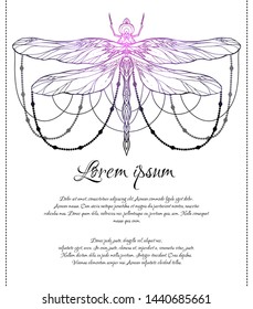 Vertical card with spiritual dragonfly pattern with beads and space for text. Magical template for invitations, cards, banners and your creativity