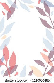 Vertical card template decorated with frame or border made of colorful translucent tree branches with leaves on white background. Beautiful natural decoration. Modern flat floral vector illustration