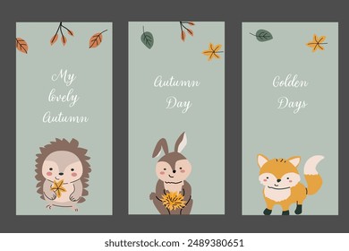 Vertical card template for fall autumn holidays. Banner for thanksgiving holiday, october seasonal celebration design. Childrens animals with fall leaves.