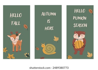 Vertical card template for fall autumn holidays. Banner for thanksgiving holiday, october seasonal celebration design. Childrens animals with fall leaves.