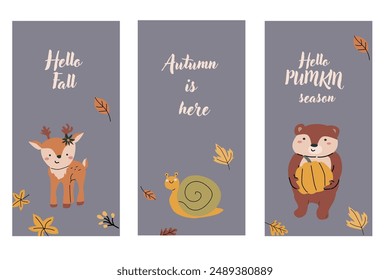 Plantilla de tarjeta de Vertical para las vacaciones de otoño. Anuncio para el día de acción de gracias, octubre diseño de celebración de temporada. Niños animales con hojas caídas.