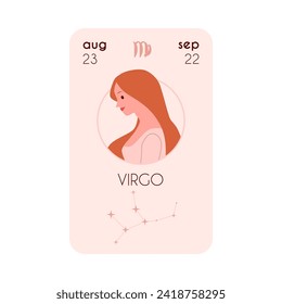 Vertical card with Virgo zodiac signs flat style, vector illustration isolated on white background. Decorative design element, astrology and esoterics, beautiful woman, constellation