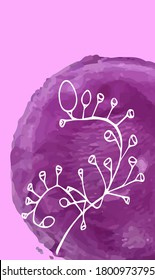 Vertical card with watercolor stain of purple color with floral pattern, stock vector illustration for design and decoration, with place for text, banner, poster, holiday
