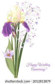 Vertical card for wedding anniversary. Iris, daffodil (narcissus), gypsophile: blue, purple flowers, white background. Templates for design, vintage botanical illustration in watercolor style, vector