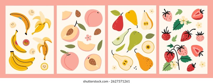 Vertical cards with banana, peach, pear and strawberry, whole fruits, slices and seeds. Healthy eating, vitamins and natural nutrition. Trendy modern vector illustrations, flat