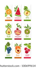 Vertical cards or banners set of fresh fruits watermelon, orange, apple, pear, kiwi, peach, cherry, pomegranate, grapes. Hand drawn original vector design