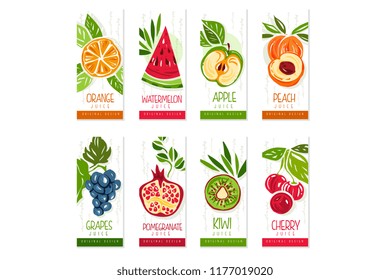 Vertical cards or banners set of fresh fruits watermelon, orange, apple, pear, kiwi, peach, cherry, pomegranate, grapes. Hand drawn original vector design