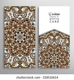 Vertical Cards or Invitations collection with seamless floral geometric pattern, tribal ethnic ornament. Vintage decorative design elements for fabric or paper print