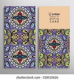 Vertical Cards or Invitations collection with seamless floral geometric pattern, tribal ethnic ornament. Vintage decorative design elements for fabric or paper print