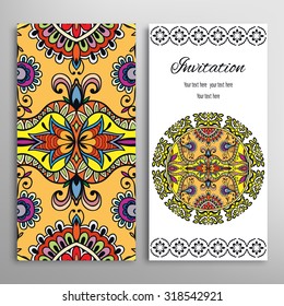 Vertical Cards or Invitations collection with seamless floral geometric pattern and Mandala ornament. Vintage decorative design elements for fabric or paper print