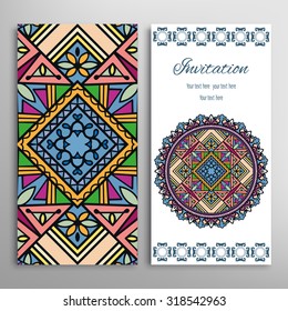 Vertical Cards or Invitations collection with seamless floral geometric pattern and Mandala ornament. Vintage decorative design elements for fabric or paper print