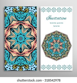 Vertical Cards or Invitations collection with seamless floral geometric pattern and Mandala ornament. Vintage decorative design elements for fabric or paper print