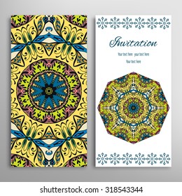 Vertical Cards or Invitations collection with seamless floral geometric pattern and Mandala ornament. Vintage decorative design elements for fabric or paper print