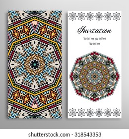 Vertical Cards or Invitations collection with seamless floral geometric pattern and Mandala ornament. Vintage decorative design elements for fabric or paper print