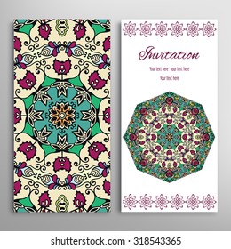 Vertical Cards or Invitations collection with seamless floral geometric pattern and Mandala ornament. Vintage decorative design elements for fabric or paper print