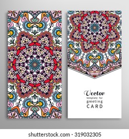 Vertical Cards or Invitations collection with seamless floral geometric pattern, tribal ethnic ornament. Vintage decorative design elements for fabric or paper print