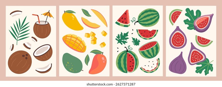 Vertical cards with mango, coconut, watermelon and fig, whole fruits, slices and seeds. Healthy eating, vitamins and natural nutrition. Trendy modern vector illustrations, flat