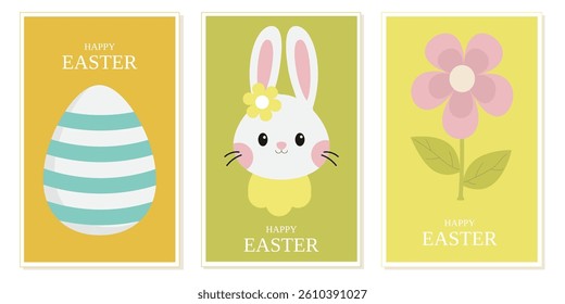 Vertical cards and posters Happy Easter with bunny, egg and flower. Spring backgrounds in pastel colors. Vector.