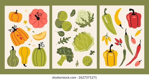 Vertical cards with pumpkins, cabbage, broccoli, Brussels sprouts, arugula, spinach and peppers. Healthy eating, vitamins and natural nutrition. Trendy modern vector illustrations, flat