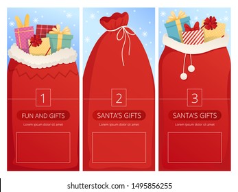 Vertical cards with santa bags for christmas design. Opening screen, onboarding. Vector illustration