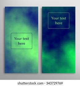 Vertical cards set. Green sky with dark blue clouds texture. Decorative background for Invitations, business cards or banners with place for your text. Digital vector illustration