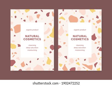 Vertical cards with terrazzo pattern. Invitation or cover templates with geometric abstract design, graphic elements of organic shapes. Background with place for text. Colored flat vector illustration