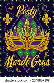 Afiche carnaval vertical con máscara amarilla, cintas, perlas, texto, fleur de lis. Diseño para el carnaval de Mardi Gras, fiesta de estilo vintage. Ilustración detallada