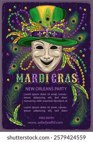 Vertical carnival advert poster with comedy theatrical mask, feathers, glossy text. A4 template with copy space for Mardi Gras carnival, party, events in vintage style. Textured background