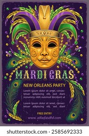 Vertical carnival advert poster with golden venetian mask in jester hat, scattered beads, feathers, glossy text. A4 template with copy space for Mardi Gras carnival, party, events in vintage style.