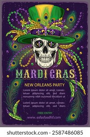 Vertical carnival advert poster with human skull in cylinder hat, feathers, glossy text. A4 template with copy space for Mardi Gras carnival, party, events in vintage style. Textured background