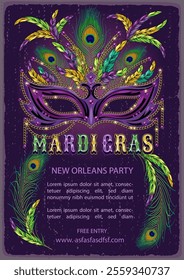 Vertical carnival advert poster with luxury mask, feathers, glossy text. A4 template with copy space for Mardi Gras carnival, party, events in vintage style. Textured vintage background