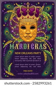 Vertical carnival poster with golden venetian mask in imperial crown, scattered beads, feathers, glossy text. A4 template in vintage style with copy space for Mardi Gras carnival, party, events